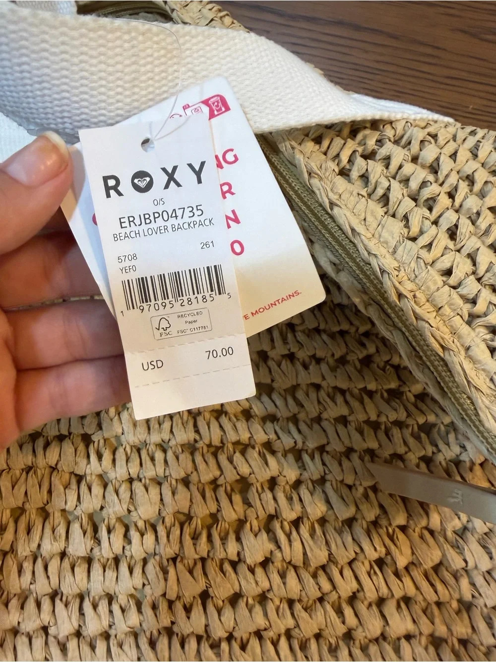 Woven Straw Tote Bag with White Straps and Patterned Brown Base